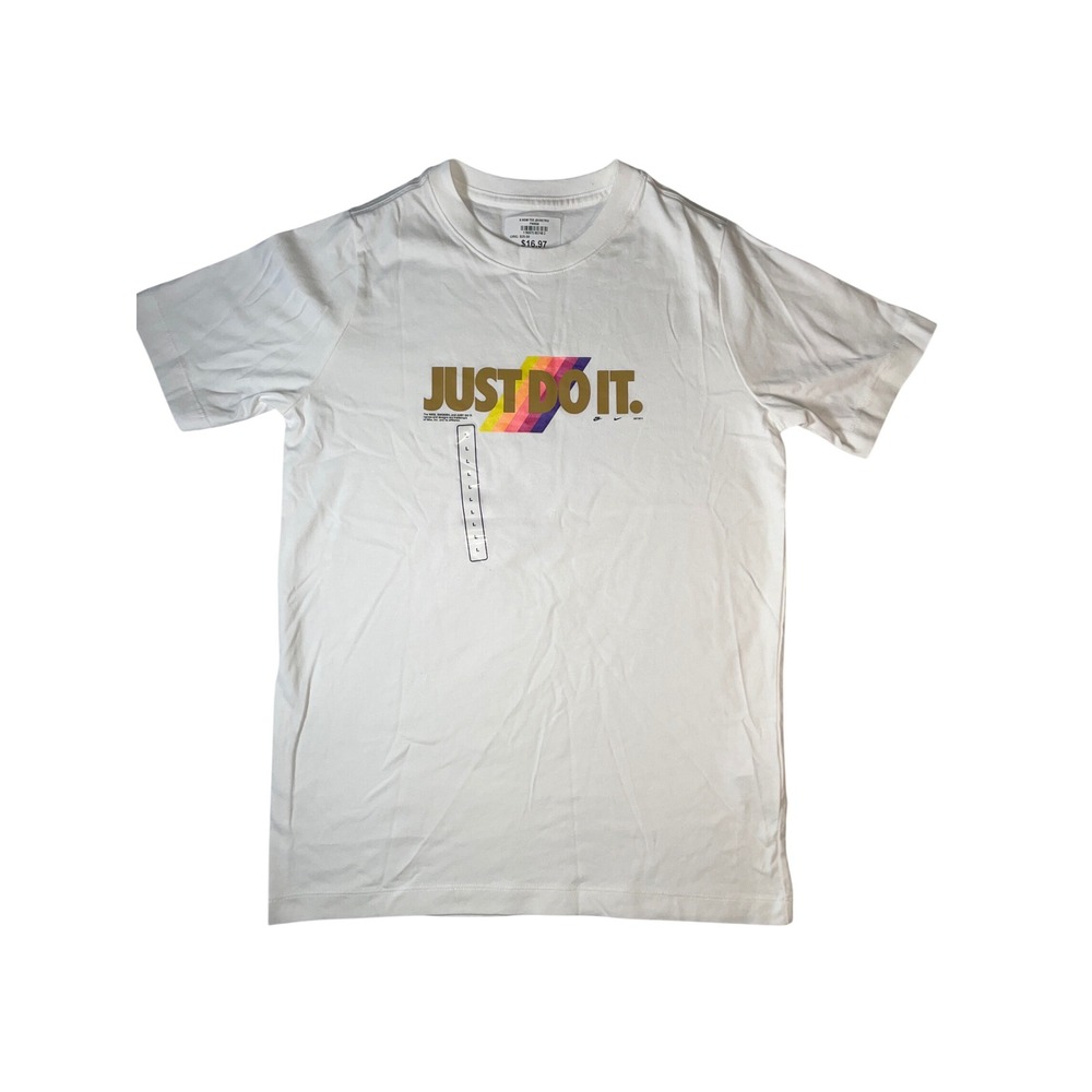 Nike Kids NSW Tee JDI Retro White Gold Rainbow Graphic T-Shirt FN9556 Large